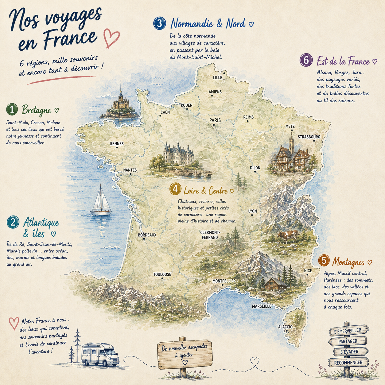 Carte illustrée de nos voyages en France avec Léon